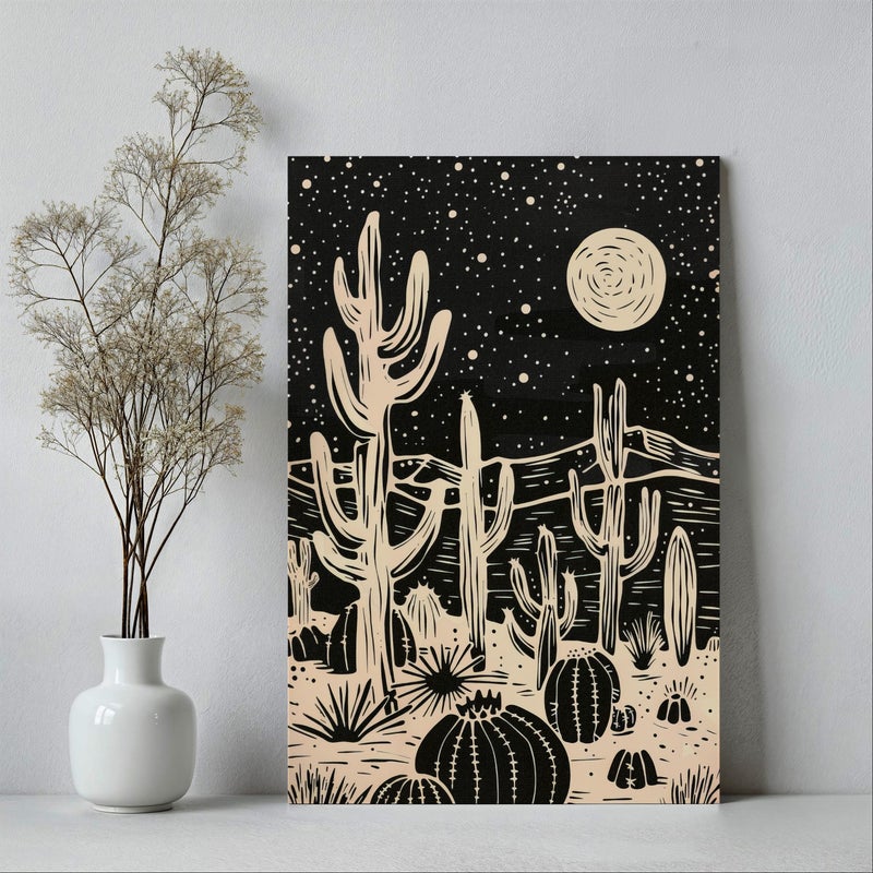 TNESSENTIAL Black Cream Cactus Field Desert Under the Moon Starry Night Dark Wall Art Poster or Canvas Print, Abstract Desert Night Sky Line Art Decor - Image 5