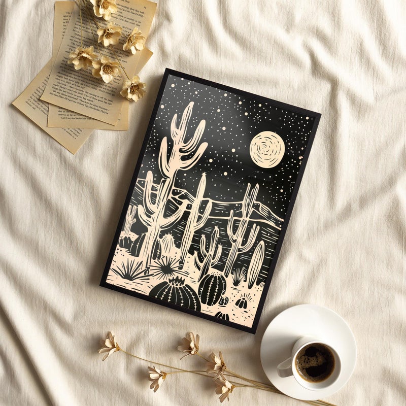 TNESSENTIAL Black Cream Cactus Field Desert Under the Moon Starry Night Dark Wall Art Poster or Canvas Print, Abstract Desert Night Sky Line Art Decor - Image 3