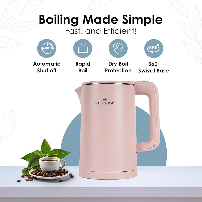 SOLARA Premium Electric Kettle Xtra Large, 1500 Watt, 1.8L Double Wall 100% Stainless Steel, BPA-Free, Cool Touch Tea Kettle with Overheating Protection, Cordless with Auto Shut-Off, Pink - Image 2