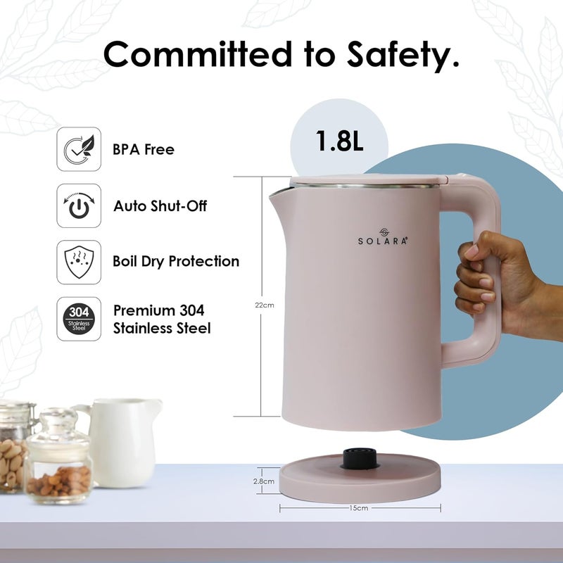 SOLARA Premium Electric Kettle Xtra Large, 1500 Watt, 1.8L Double Wall 100% Stainless Steel, BPA-Free, Cool Touch Tea Kettle with Overheating Protection, Cordless with Auto Shut-Off, Pink - Image 4