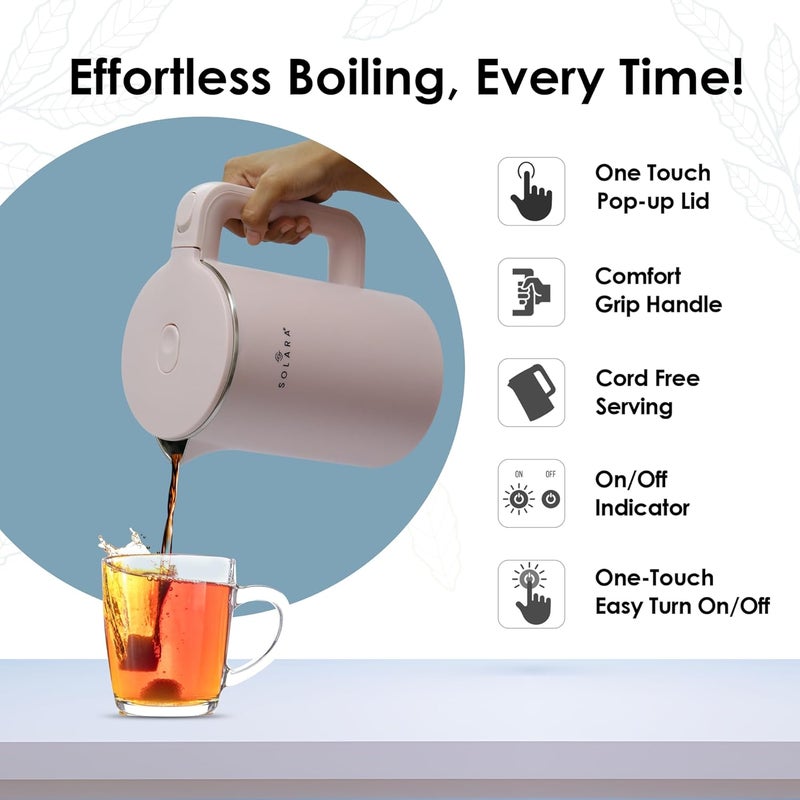 SOLARA Premium Electric Kettle Xtra Large, 1500 Watt, 1.8L Double Wall 100% Stainless Steel, BPA-Free, Cool Touch Tea Kettle with Overheating Protection, Cordless with Auto Shut-Off, Pink - Image 3