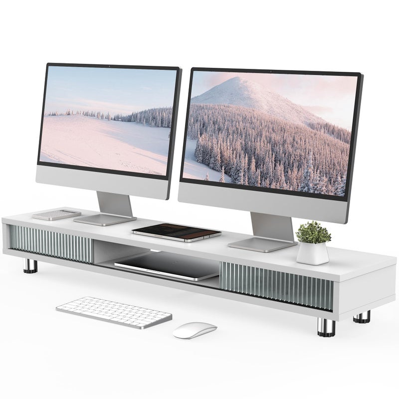 Fenge Dual Monitor Stand, 42.5inch Long Monitor Stands Riser for 2 Monitors, Sliding Door with Storage Organizer Stand for Desk, 2 Tier Desk Shelf for Laptop, Pc, Printer, Computer, TV - Image 1