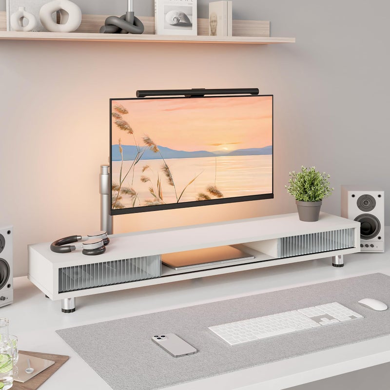 Fenge Dual Monitor Stand, 42.5inch Long Monitor Stands Riser for 2 Monitors, Sliding Door with Storage Organizer Stand for Desk, 2 Tier Desk Shelf for Laptop, Pc, Printer, Computer, TV - Image 3