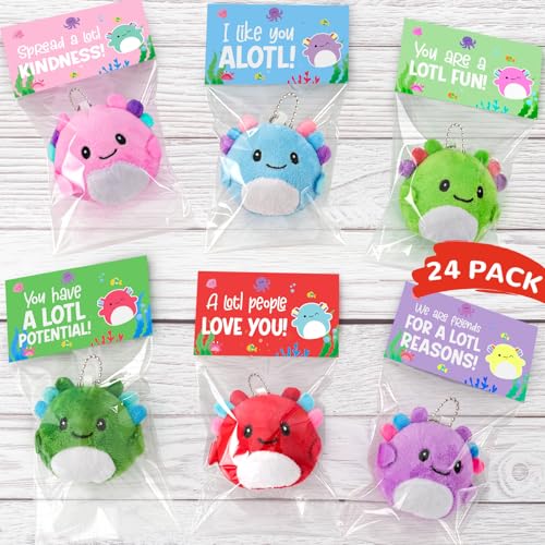 Zesua Valentines Day Gifts for Kids 24 Pack Axolotl Plush Toys Keychains with Valentines Cards Mini Stuffed Animals Set for Boys Girls Toddler Classroom Exchange School Activities Party Favors - Image 1