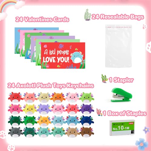 Zesua Valentines Day Gifts for Kids 24 Pack Axolotl Plush Toys Keychains with Valentines Cards Mini Stuffed Animals Set for Boys Girls Toddler Classroom Exchange School Activities Party Favors - Image 5