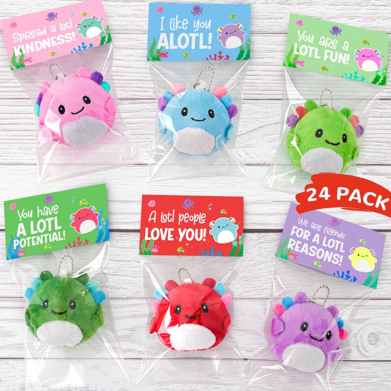 Zesua Valentines Day Gifts for Kids 24 Pack Axolotl Plush Toys Keychains with Valentines Cards Mini Stuffed Animals Set for Boys Girls Toddler Classroom Exchange School Activities Party Favors - Image 3