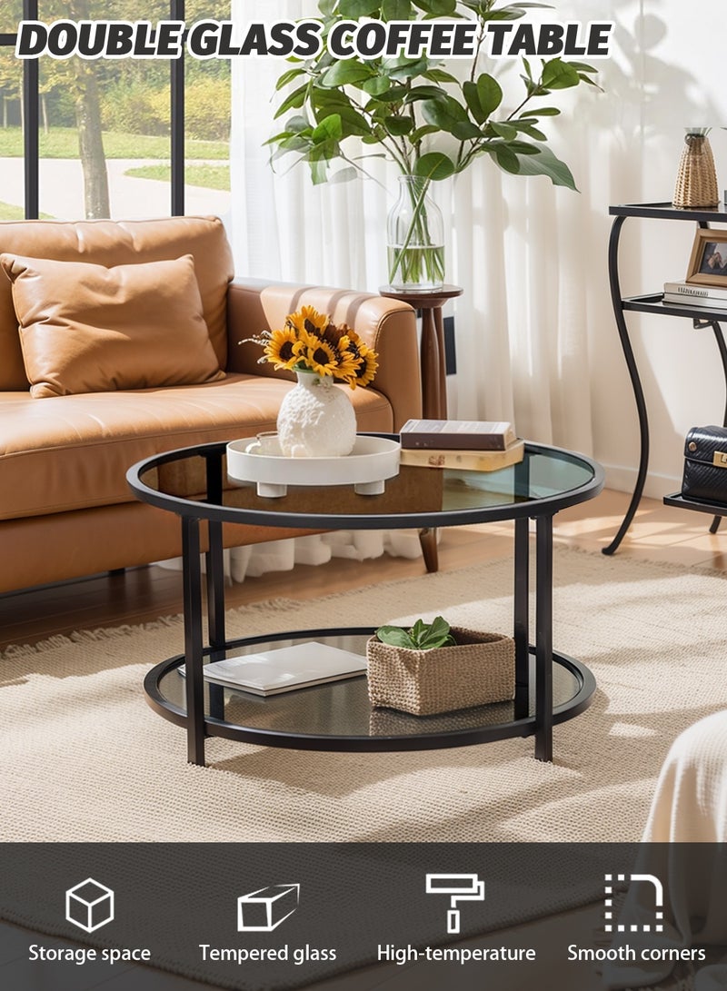 CHOIWIN 2 Tier Glass Coffee Table, Round Large Center Table with Open Storage Shelf, Side Table for Home Office Living Room,Black,58.5*58.5*39.5cm - Image 2