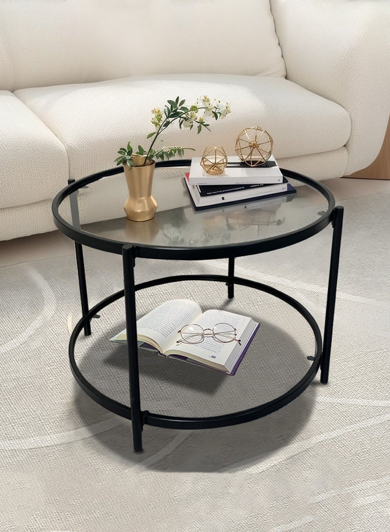 CHOIWIN 2 Tier Glass Coffee Table, Round Large Center Table with Open Storage Shelf, Side Table for Home Office Living Room,Black,58.5*58.5*39.5cm - Image 1