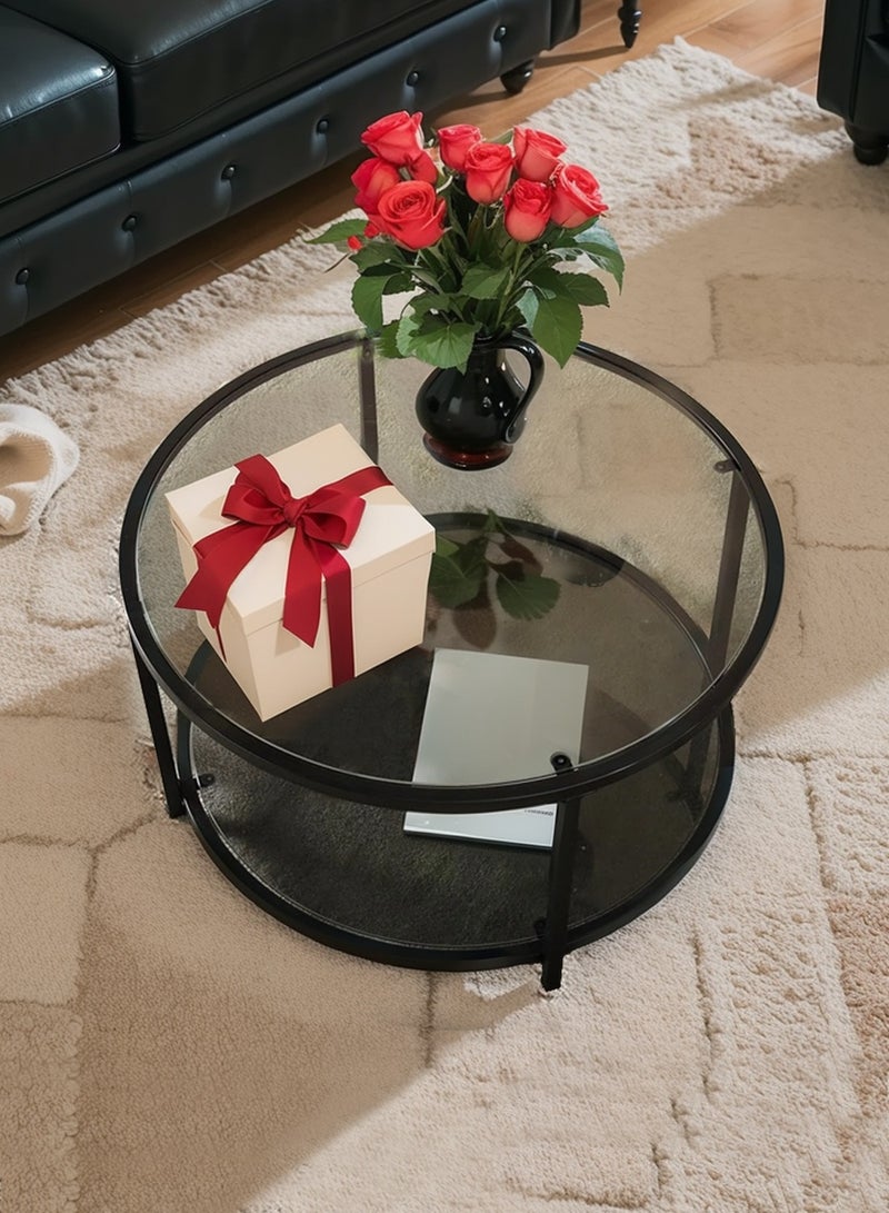 CHOIWIN 2 Tier Glass Coffee Table, Round Large Center Table with Open Storage Shelf, Side Table for Home Office Living Room,Black,58.5*58.5*39.5cm - Image 5