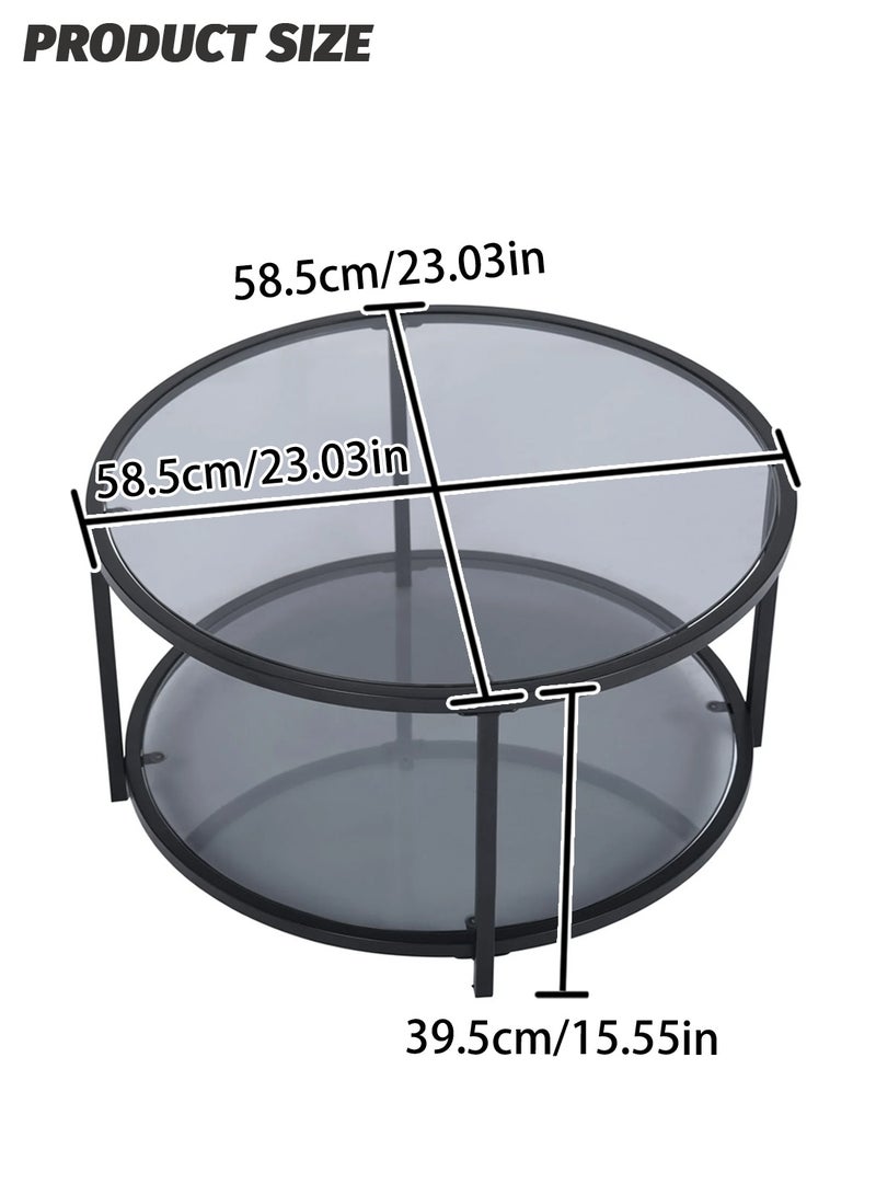 CHOIWIN 2 Tier Glass Coffee Table, Round Large Center Table with Open Storage Shelf, Side Table for Home Office Living Room,Black,58.5*58.5*39.5cm - Image 4