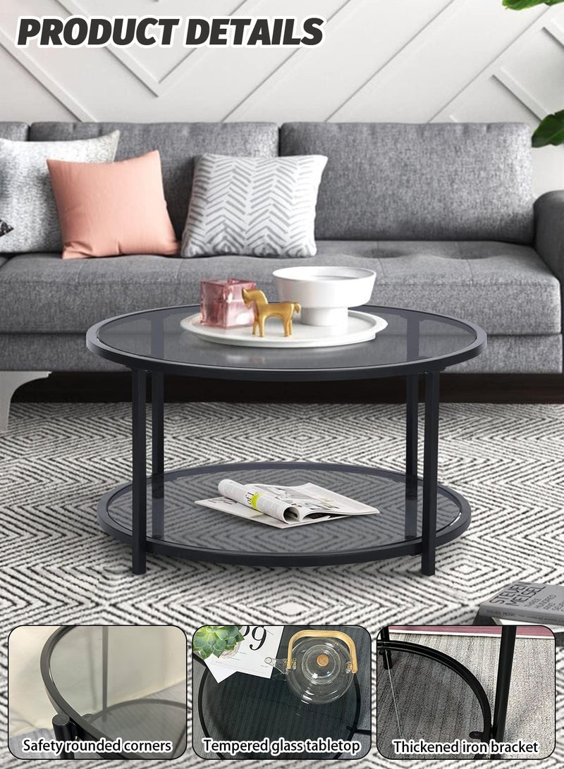 CHOIWIN 2 Tier Glass Coffee Table, Round Large Center Table with Open Storage Shelf, Side Table for Home Office Living Room,Black,58.5*58.5*39.5cm - Image 3