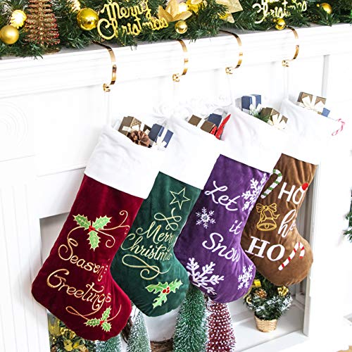 GEX Christmas Stockings 4 Pack for Family 22 Large Embroidered Classic Luxury Velvet Red Green Purple Brown Decorations for Fireplace Xmas Season Set of 4 - Image 1