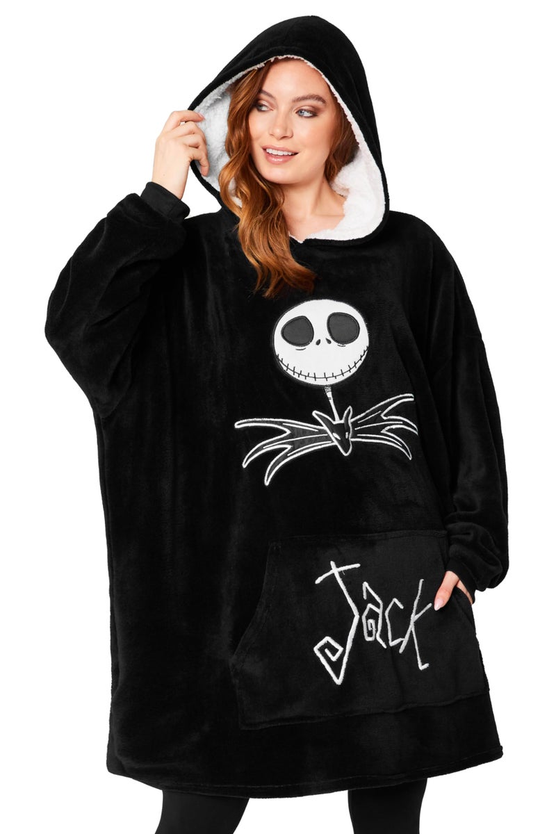Disney Fleece Hoodie for Adults and Teenagers Oversized Hooded Poncho One Size - Stitch Gifts (Black Jack Skellington) - Image 1