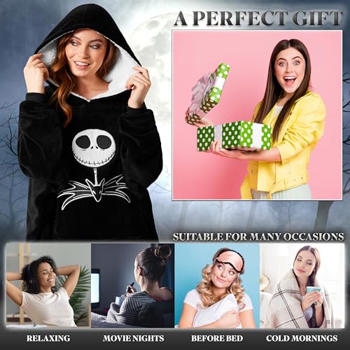 Disney Fleece Hoodie for Adults and Teenagers Oversized Hooded Poncho One Size - Stitch Gifts (Black Jack Skellington) - Image 3