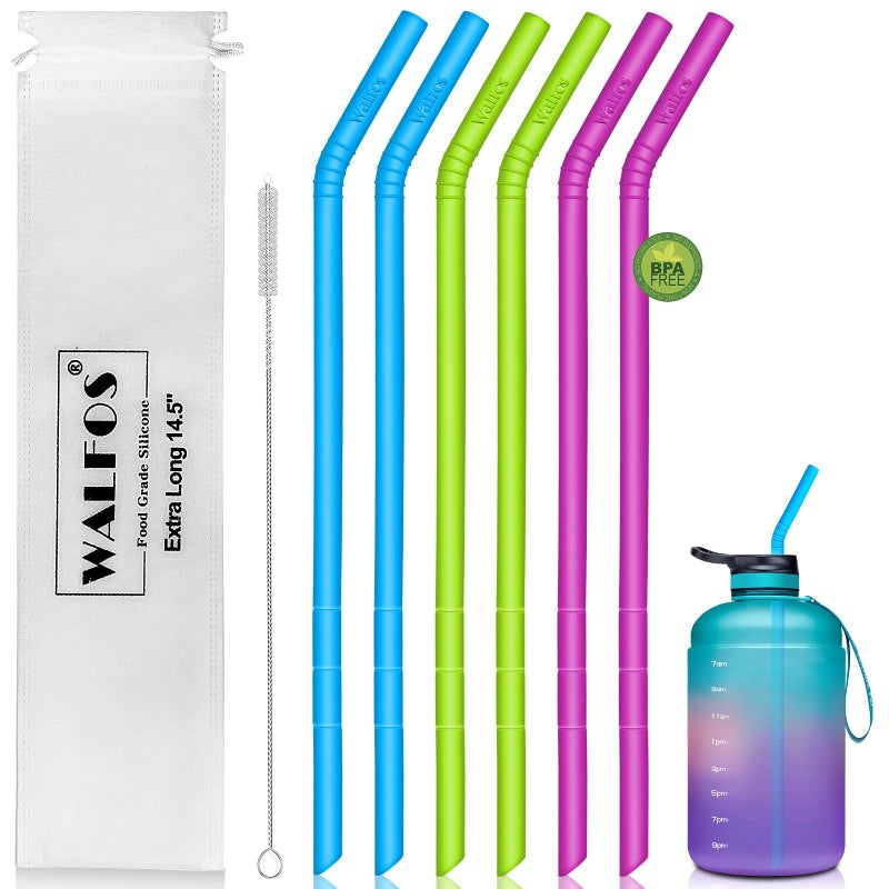 WALFOS 145 inch Extra Long Reusable Silicone Straws Big Sizes Flexible Bendable Straws for 1Half Gallon Large Water Bottles 128 75 64 40 OZ Tumbler with Cleaning Brush 6Pack