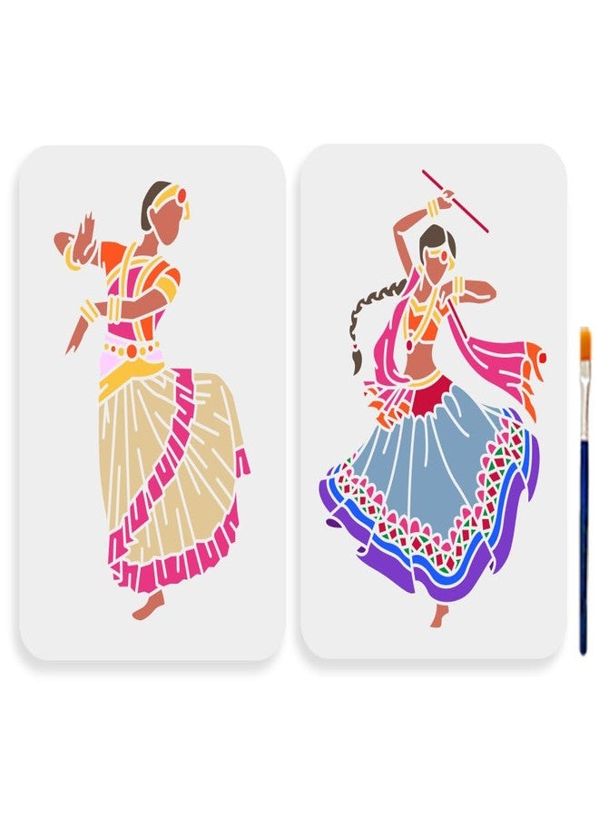 MAYJOYDIY 2pcs Indian Dance Stencil 11.7×8.3inch Large Indian Women Man Stencils with Paint Brush Reusable Tribal Dancer Stencils for Furniture Windows Wood Wall Tile Canvas Fabric Floor - Image 1