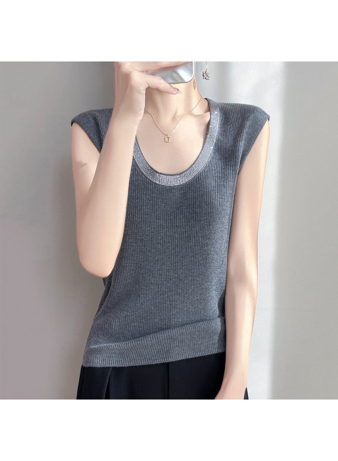 MIIOW U-Neck Rhinestone Knitted Vest For Women, Slim Fit, Stylish And Versatile Sleeveless Top That Conceals Side Fat, Suitable For Layering Or Wearing Alone For Commuting - Image 5