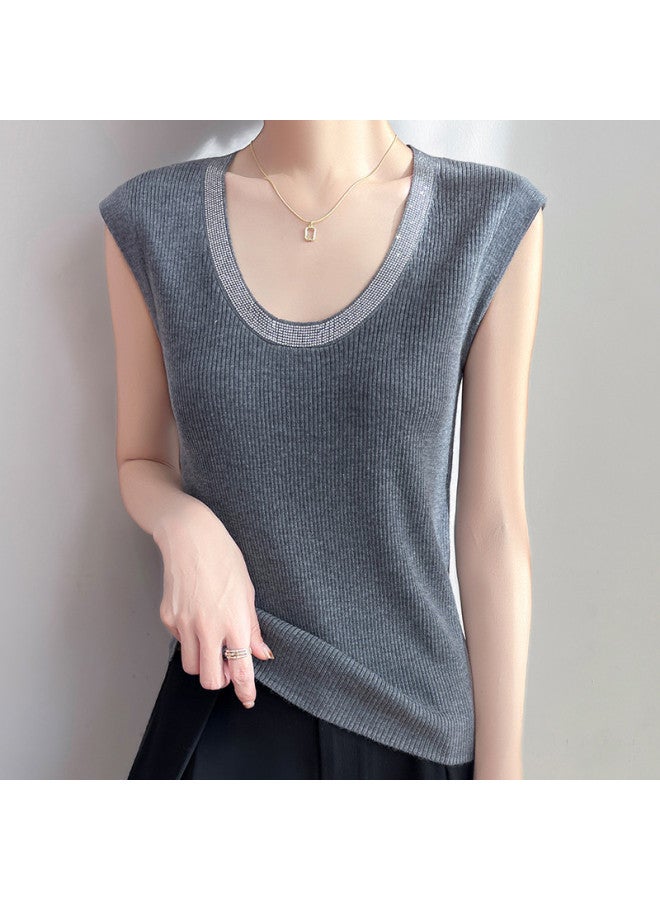 MIIOW U-Neck Rhinestone Knitted Vest For Women, Slim Fit, Stylish And Versatile Sleeveless Top That Conceals Side Fat, Suitable For Layering Or Wearing Alone For Commuting - Image 4