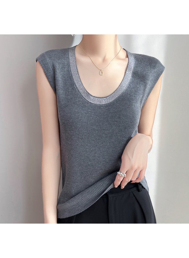 MIIOW U-Neck Rhinestone Knitted Vest For Women, Slim Fit, Stylish And Versatile Sleeveless Top That Conceals Side Fat, Suitable For Layering Or Wearing Alone For Commuting - Image 3