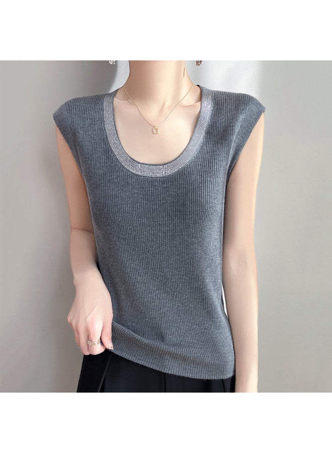 MIIOW U-Neck Rhinestone Knitted Vest For Women, Slim Fit, Stylish And Versatile Sleeveless Top That Conceals Side Fat, Suitable For Layering Or Wearing Alone For Commuting - Image 2