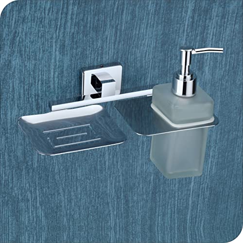 KANJAL Liquid soap Dispenser with soap case Holder for washbasin Liquid Dispenser and saop Dish for Bathroom soap Holders dispensers 38(304 Stainless Steel,Chrome Finish,Frosted Glass) - Image 1