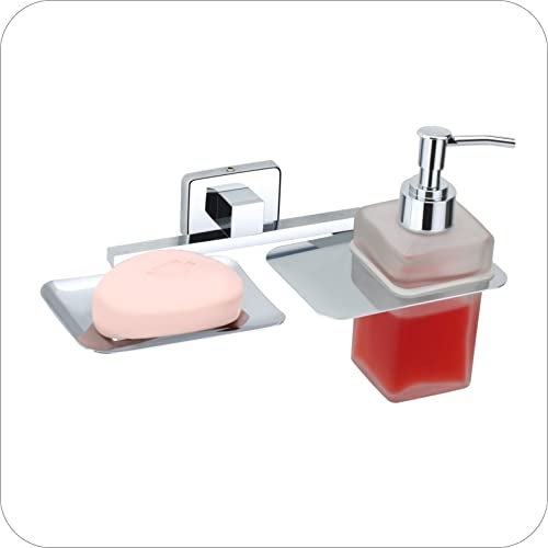 KANJAL Liquid soap Dispenser with soap case Holder for washbasin Liquid Dispenser and saop Dish for Bathroom soap Holders dispensers 38(304 Stainless Steel,Chrome Finish,Frosted Glass) - Image 2