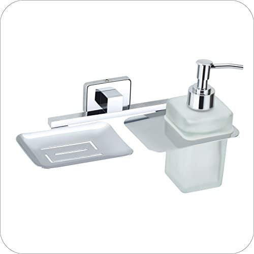 KANJAL Liquid soap Dispenser with soap case Holder for washbasin Liquid Dispenser and saop Dish for Bathroom soap Holders dispensers 38(304 Stainless Steel,Chrome Finish,Frosted Glass) - Image 4