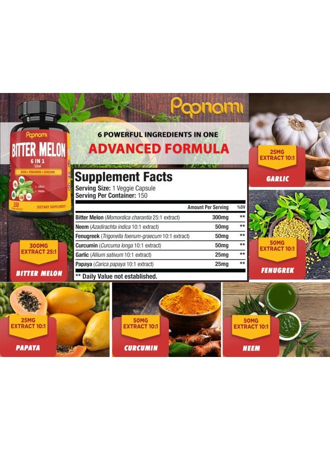Papnami Organic Bitter Melon Extract Capsules - Combined Neem, Fenugreek, Curcumin, Garlic & Papaya - 150 Count for 5 Months - Supports Body, Digestive, Skin, Immune & Overall Wellness - Image 2