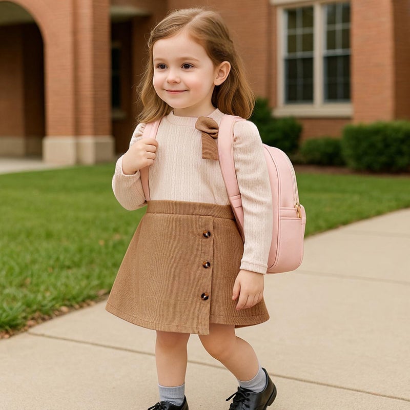 TITKKOP Toddler Girl Plaid Outfits Fall Winter Dress Knit Ribbed Bow Sweatshirt Tops and Button Fashion Skirts Setï¼ˆKhaki,2T - Image 3