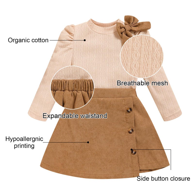 TITKKOP Toddler Girl Plaid Outfits Fall Winter Dress Knit Ribbed Bow Sweatshirt Tops and Button Fashion Skirts Setï¼ˆKhaki,2T - Image 5