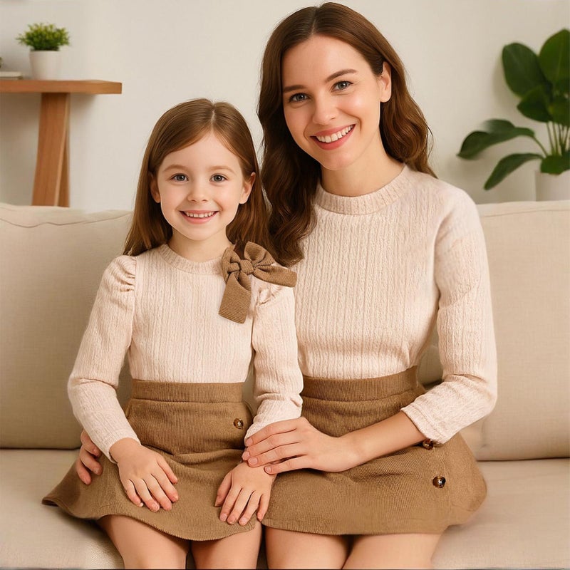 TITKKOP Toddler Girl Plaid Outfits Fall Winter Dress Knit Ribbed Bow Sweatshirt Tops and Button Fashion Skirts Setï¼ˆKhaki,2T - Image 4