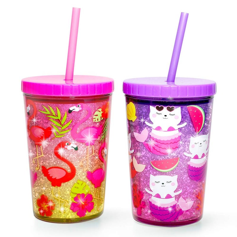 Home Tune 14oz Kids Tumbler Water Drinking Cup 2 Pack  BPA Free Straw Lid Cup Reusable Lightweight SpillProof Water Bottle with Cute Design for Girls  Boys  Flamingo  Kitty Mermaid