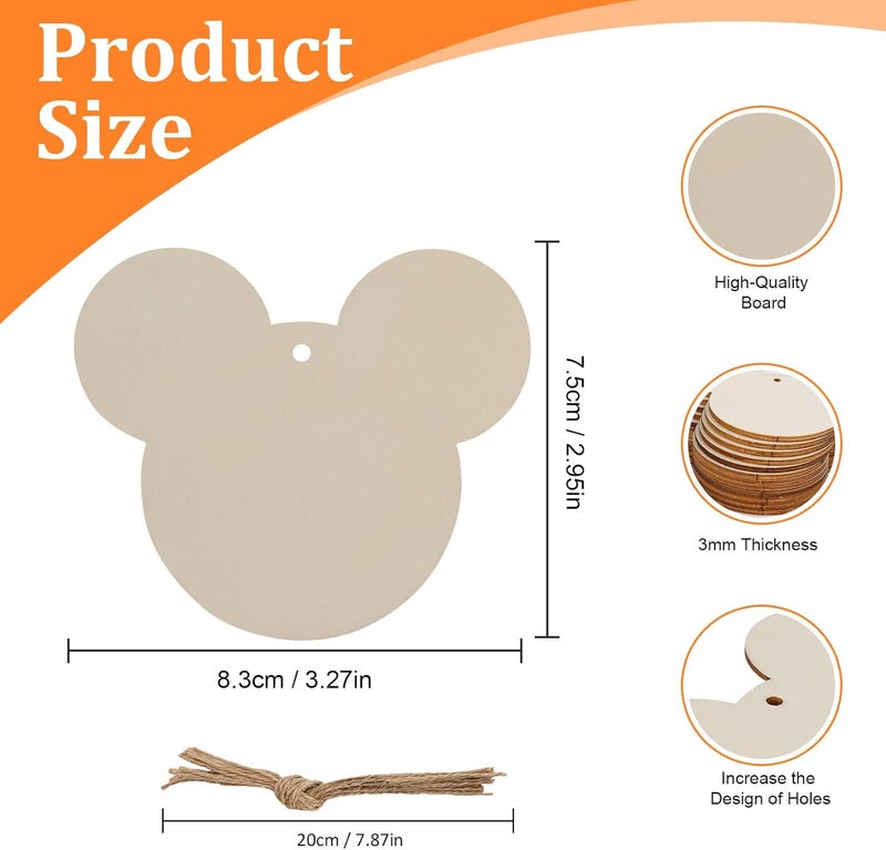Tmflexe Mouse Head 30Pcs Unfinished Wooden Gift Ornaments DIY Craft Birthday Present-30Pack Paintable Blank Natural Mouse Head Cutouts Hanging Wood Slices for Kids Art Crafts DIY Gift Party Supplies - Image 2