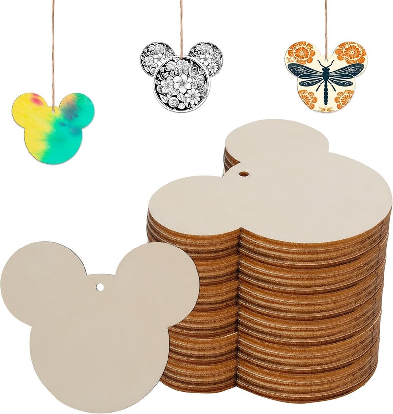 Tmflexe Mouse Head 30Pcs Unfinished Wooden Gift Ornaments DIY Craft Birthday Present-30Pack Paintable Blank Natural Mouse Head Cutouts Hanging Wood Slices for Kids Art Crafts DIY Gift Party Supplies - Image 1