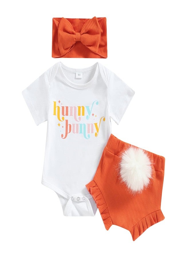 Fernvia Infant Baby Girls Easter Outfits Short Sleeve Rabbit Print Romper Elastic Waist Shorts with Hairband 3Pcs Clothes Set - Image 1
