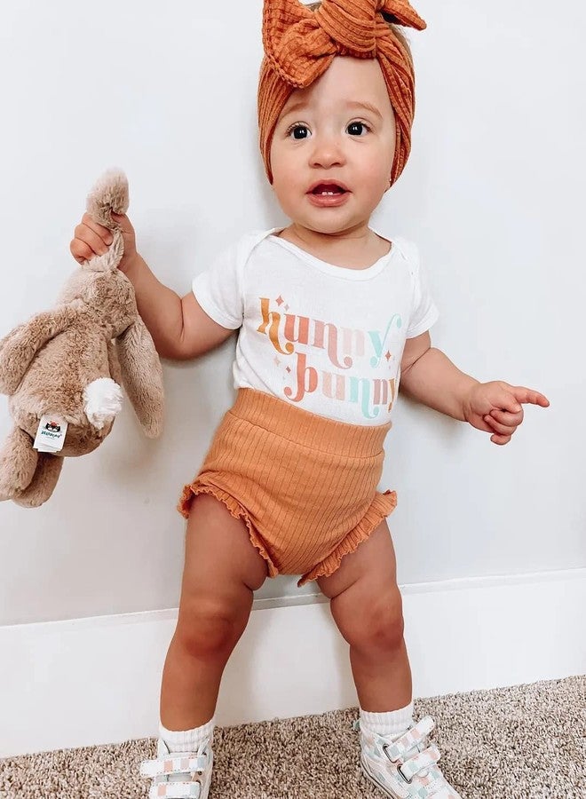 Fernvia Infant Baby Girls Easter Outfits Short Sleeve Rabbit Print Romper Elastic Waist Shorts with Hairband 3Pcs Clothes Set - Image 2