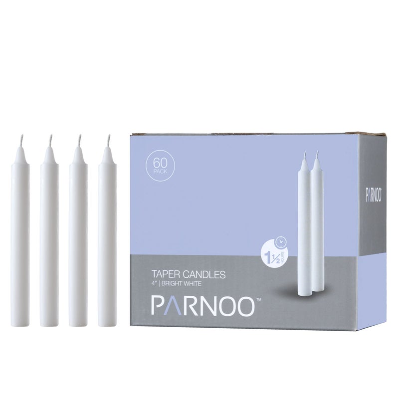 Light In The Dark White Taper Candles - Set of 60 Dripless Chimes Candles - 4 inch Tall, 1/2 inch Diameter - 1.5 Hour Clean Burn - Image 1