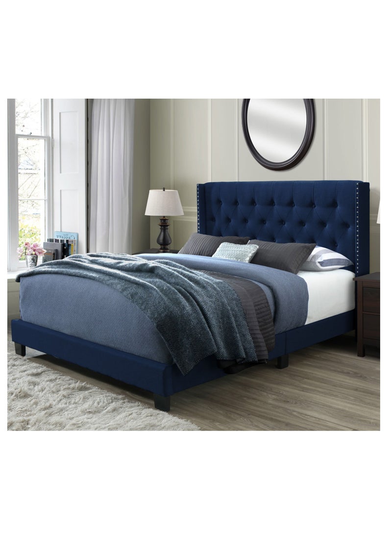 Karnak Royal Azure Diamond Wing Bed with Nailhead Trim Panel Bed Frame, king Size (180x200) in Blue Faux Velvet - Image 1