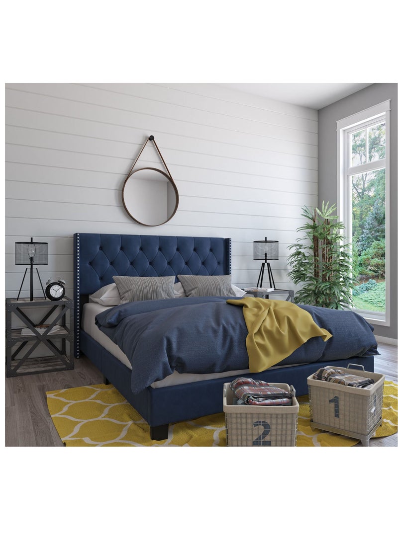 Karnak Royal Azure Diamond Wing Bed with Nailhead Trim Panel Bed Frame, king Size (180x200) in Blue Faux Velvet - Image 2