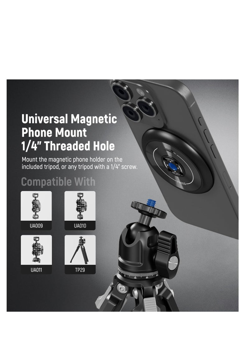 Magnetic Phone Tripod Set - Metal Mini Tripod with 360° Ball Head & Single Hand Grip, Compatible with MagSafe iPhone 15 Pro Max/14/13/12 Series, Features 1/4" Threads, Model PA010+TP29. - Image 4