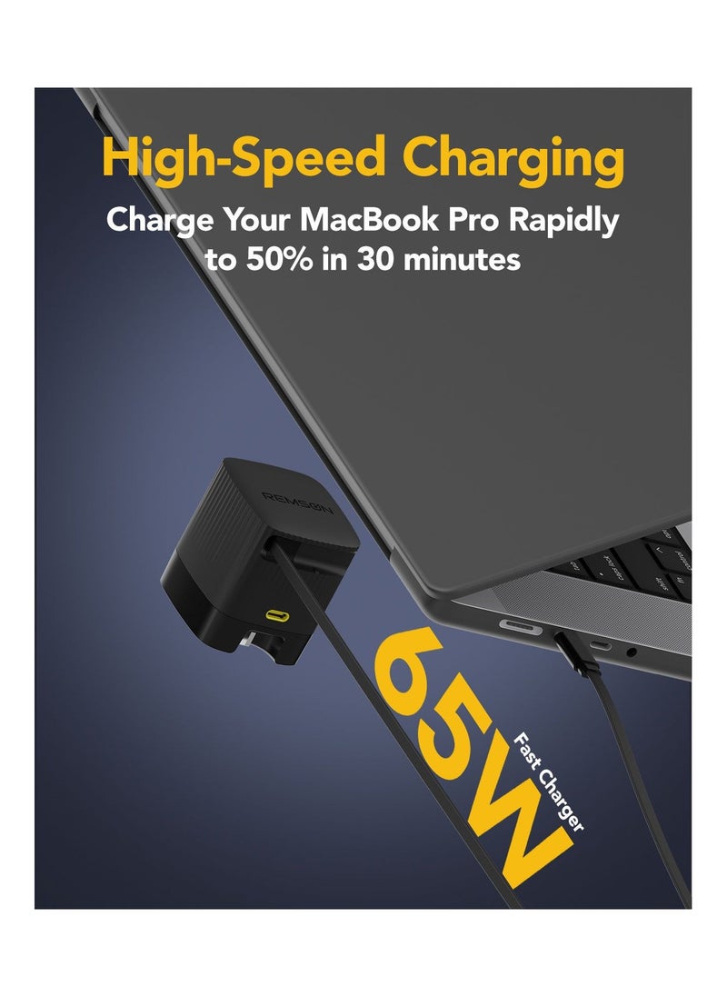 Remson - Remson Neo Power 65W GaN PD Wall Charger Fast Charging Adapter USB-C Port & USB-C Retractable Cable with Foldable Plug Compatible for iPhone 16/15/14/13/12/11, Samsung and More - Image 1