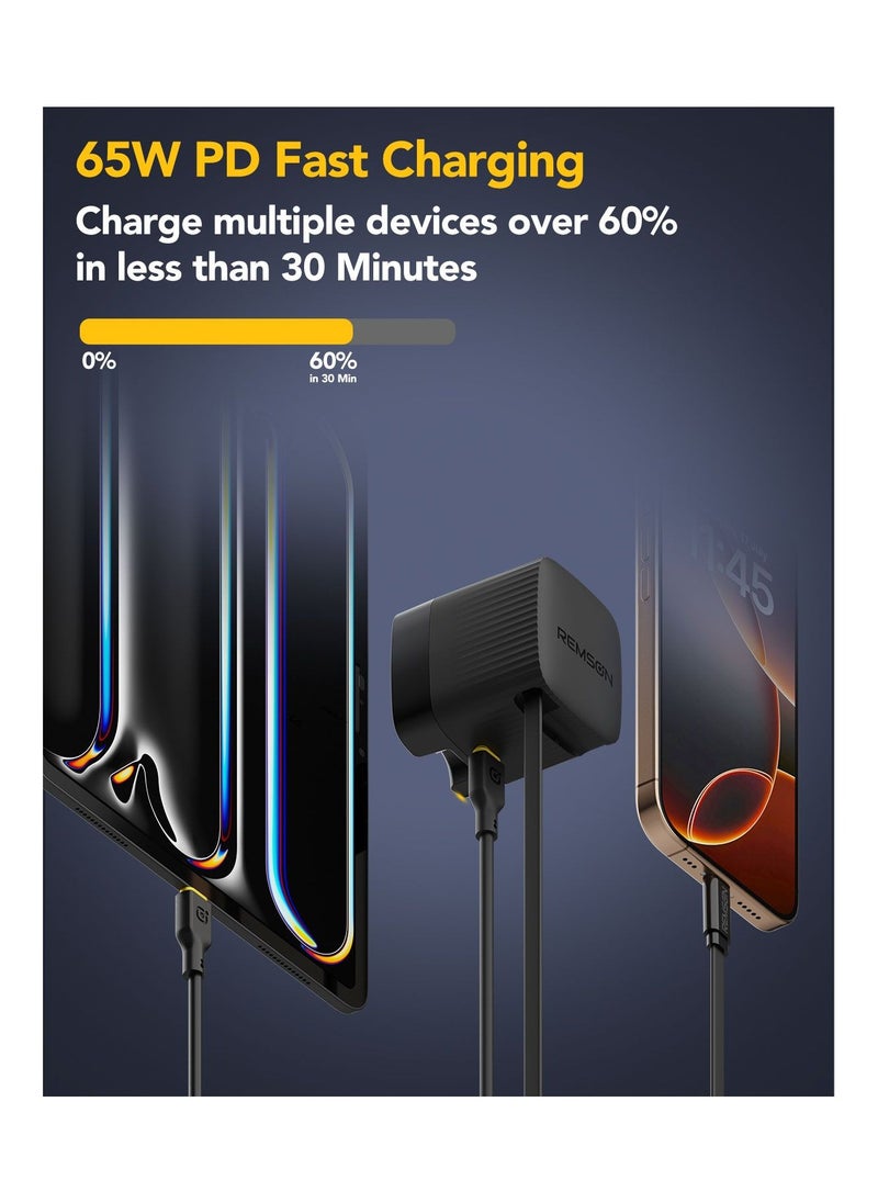Remson - Remson Neo Power 65W GaN PD Wall Charger Fast Charging Adapter USB-C Port & USB-C Retractable Cable with Foldable Plug Compatible for iPhone 16/15/14/13/12/11, Samsung and More - Image 1