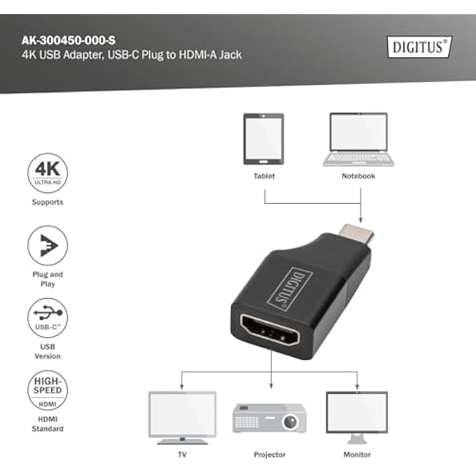 DIGITUS USB-C TO HDMI TYPE-A ADAPTER - 4K/30HZ - PLUG & PLAY - ALUMINIUM HOUSING - BLACK - Image 2