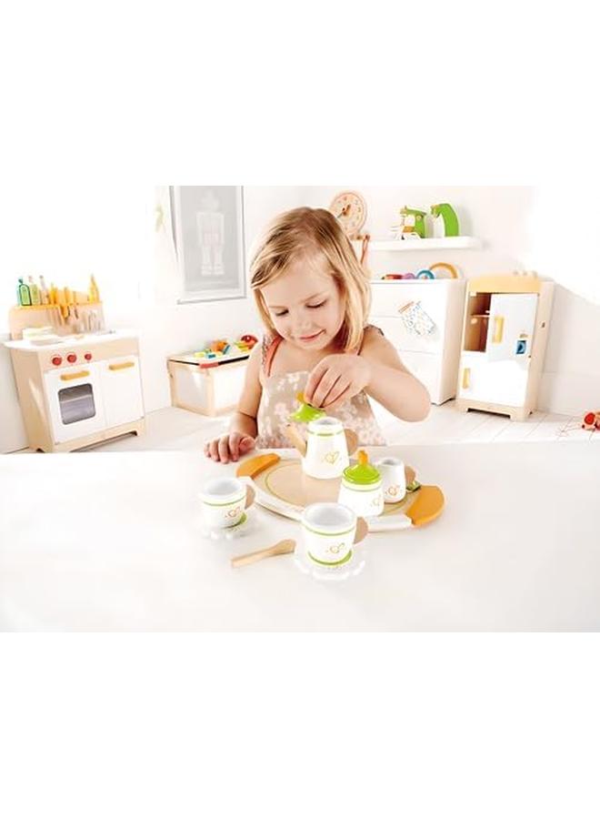 هيب مجموعة لعب الشاي الخشبية لشخصين لحفلات الشاي الخشبية، مجموعة شاي خشبية للأطفال، تتضمن مجموعة إكسسوارات المطبخ كوبين وملاعق وصحون وصينية تقديم - Image 3