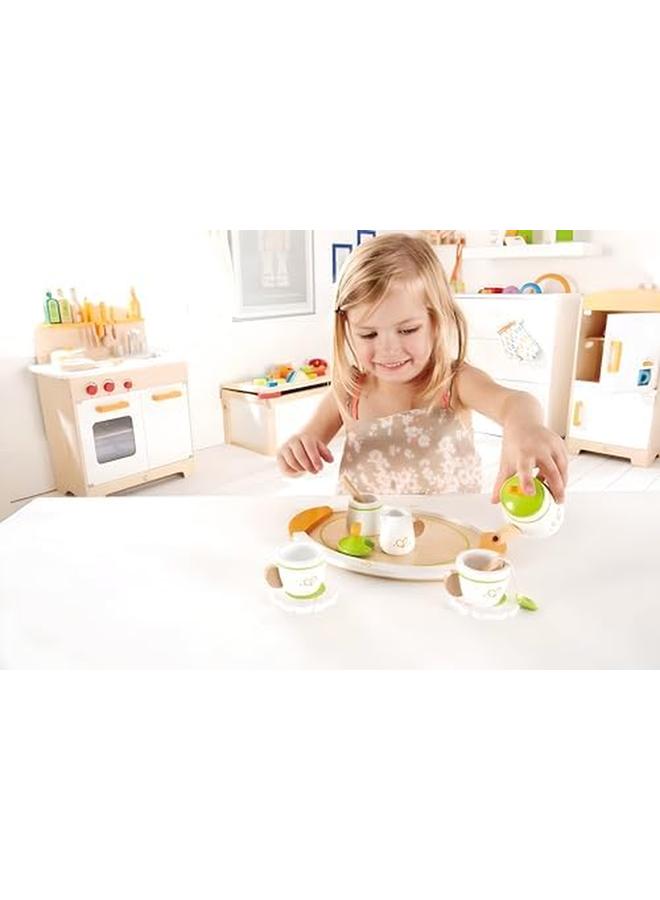 هيب مجموعة لعب الشاي الخشبية لشخصين لحفلات الشاي الخشبية، مجموعة شاي خشبية للأطفال، تتضمن مجموعة إكسسوارات المطبخ كوبين وملاعق وصحون وصينية تقديم - Image 2