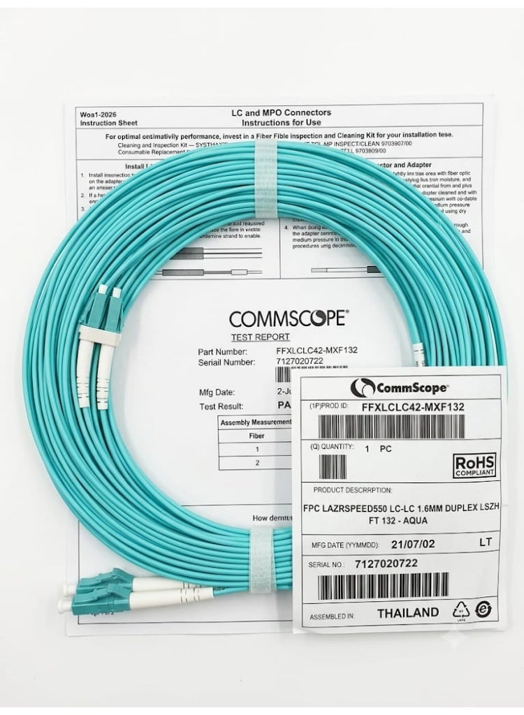 CommScope FFXLCLC42-MXF132 FPC LAZRSPEED550 LC-LC Duplex Fiber Optic Cable, 40 Meters, Aqua