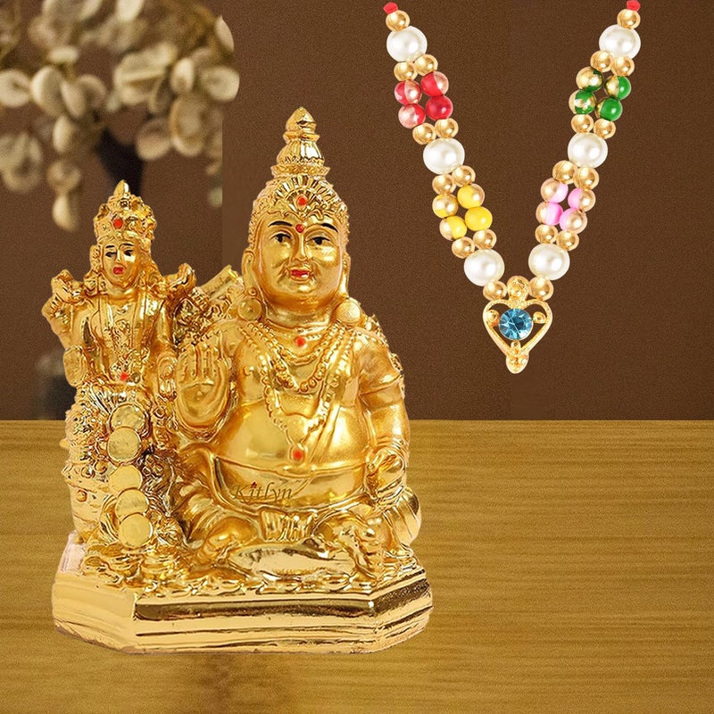Kitlyn Lakshmi Kubera Statue Idol Diwali Pooja with Designer Maala Decorative Showpiece 10 cm Polyresin Gold - Image 1