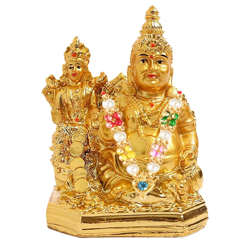 Kitlyn Lakshmi Kubera Statue Idol Diwali Pooja with Designer Maala Decorative Showpiece 10 cm Polyresin Gold - Image 2