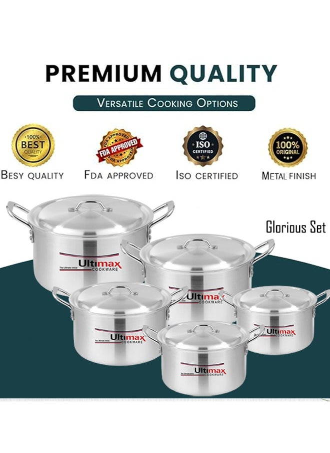 ULTIMAX Ultimax Glorious 4x8 – 5 Pcs Aluminium Cooking Pot Set, Metal Finish, Durable Construction with Lids, Even Heat Distribution, Dishwasher Safe, Sleek Modern Design, Sizes 26-36 cm (7-18.6 Ltr)  - Image 2