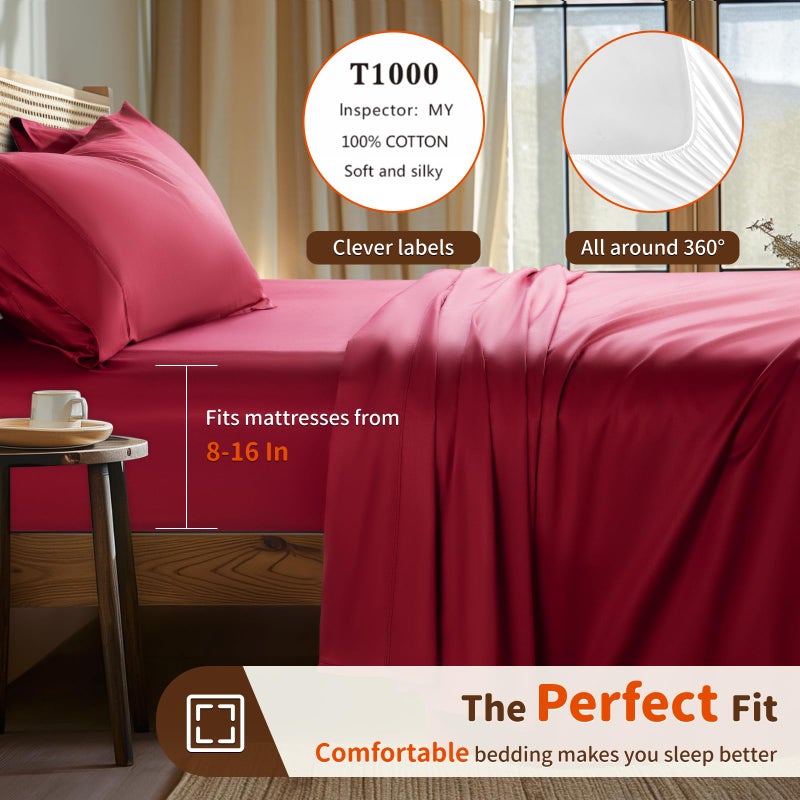 LBRO2M LBRO2M 1000 Thread Count 100% Egyptian Cotton Sheets Set Full Size  4 Piece Sets Bed Sheet Deep Pocket Sheet Set 16"" Soft Comfortable All Season (Full Burgundy)  - Image 3